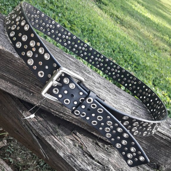 Accessories - Studded Leather Belt Metal Studs Embellished Grommets Black Belt